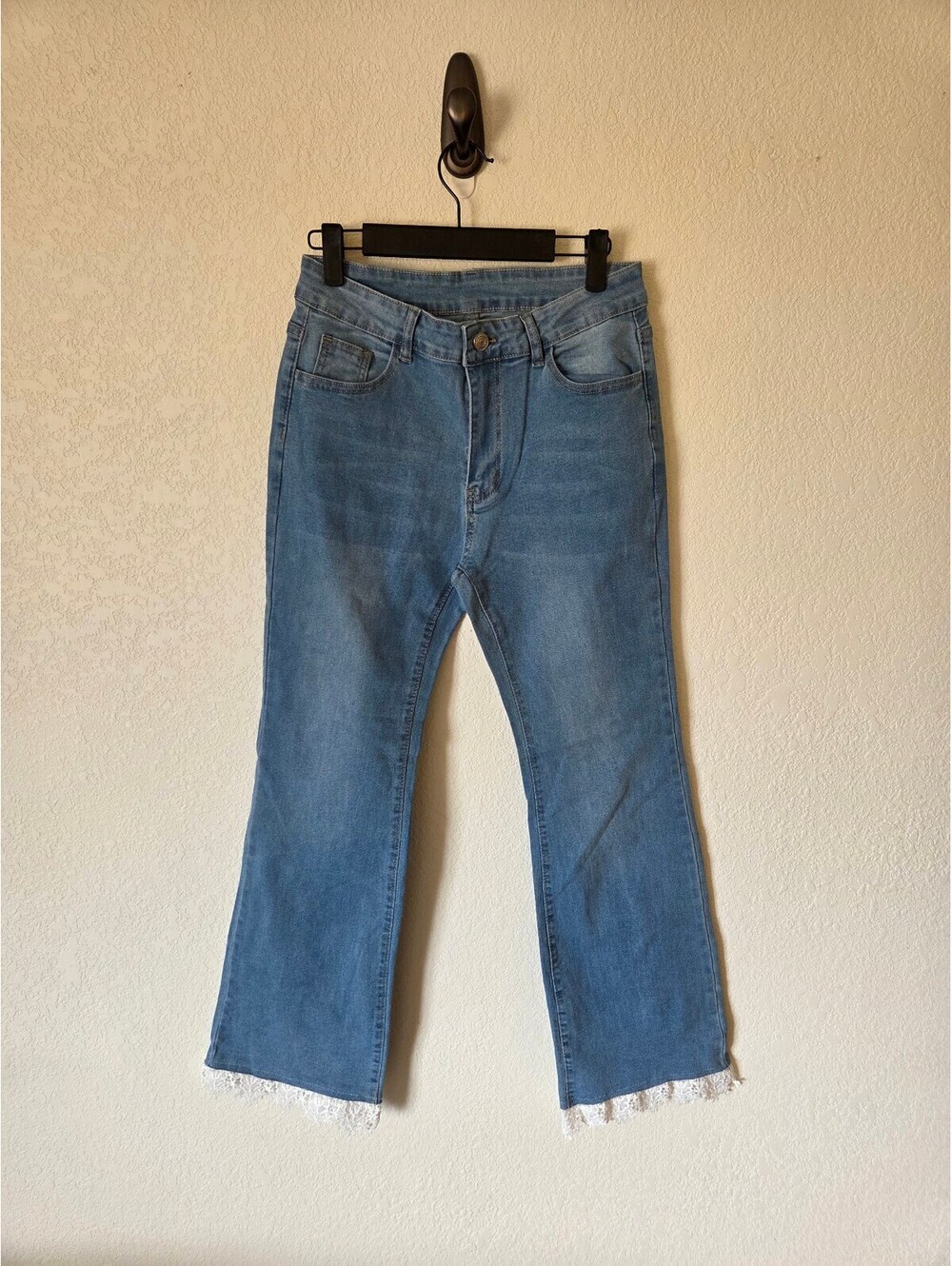Women's Light Wash Flare Jeans with Lace Frayed Hem, Size Large